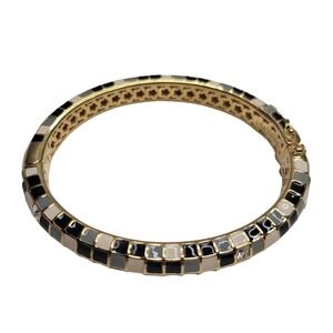 Lauren G Adams Bracelet Gold-Plated Black Enamel CZ Checkered Hinged Bangle LGA